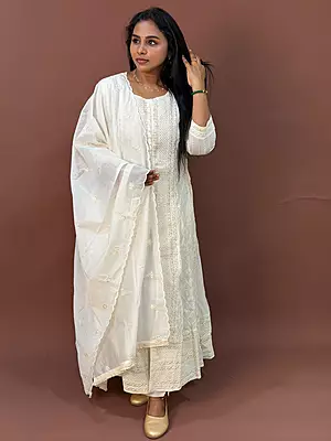 Luxury Celebrity Wear Lucknowi Chikankari Kurta Set with Dupatta – Ivory White | M, L, XL, XXL