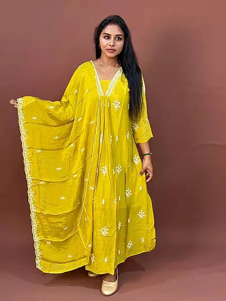 Luxury Celebrity Wear Chinon Silk Embroidered Kurti Set with Dupatta – Olive Mustard | M, L, XL, XXL