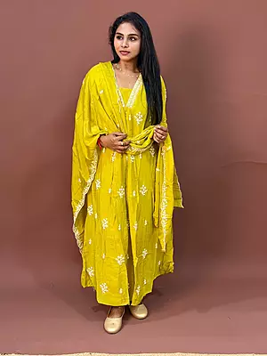 Luxury Celebrity Wear Chinon Silk Embroidered Kurti Set with Dupatta – Olive Mustard | M, L, XL, XXL