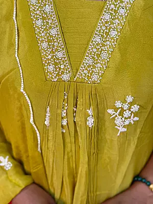 Luxury Celebrity Wear Chinon Silk Embroidered Kurti Set with Dupatta – Olive Mustard | M, L, XL, XXL