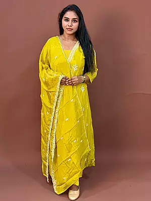 Luxury Celebrity Wear Chinon Silk Embroidered Kurti Set with Dupatta – Olive Mustard | M, L, XL, XXL