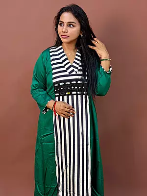 Luxury Celebrity Wear Premium Gaji Silk Designer Kurti Set – Emerald Green with Striped Panel | L, XL, XXL
