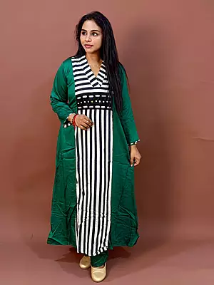 Luxury Celebrity Wear Premium Gaji Silk Designer Kurti Set – Emerald Green with Striped Panel | L, XL, XXL