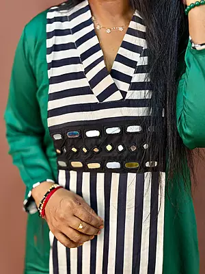 Luxury Celebrity Wear Premium Gaji Silk Designer Kurti Set – Emerald Green with Striped Panel | L, XL, XXL