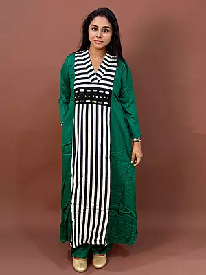 Luxury Celebrity Wear Premium Gaji Silk Designer Kurti Set – Emerald Green with Striped Panel | L, XL, XXL