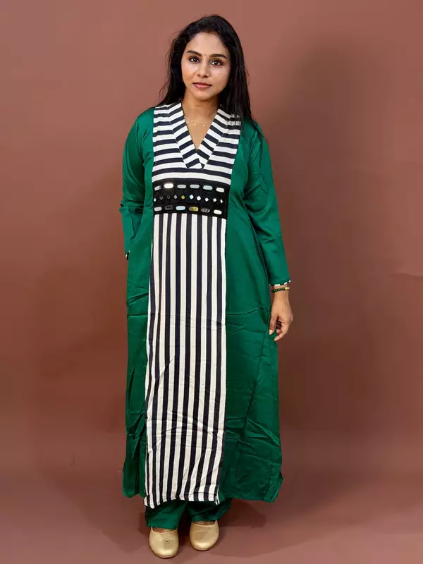 Luxury Celebrity Wear Premium Gaji Silk Designer Kurti Set – Emerald Green with Striped Panel | L, XL, XXL