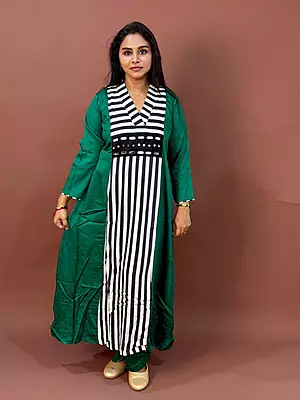 Luxury Celebrity Wear Premium Gaji Silk Designer Kurti Set – Emerald Green with Striped Panel | L, XL, XXL