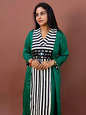 Luxury Celebrity Wear Premium Gaji Silk Designer Kurti Set – Emerald Green with Striped Panel | L, XL, XXL