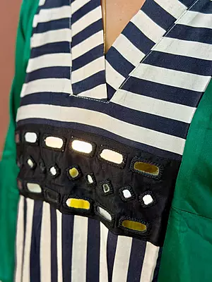 Luxury Celebrity Wear Premium Gaji Silk Designer Kurti Set – Emerald Green with Striped Panel | L, XL, XXL