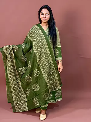 Luxury Celebrity Wear Modal Silk Printed Kurti Set with Dupatta – Olive Green | M, L, XL, XXL