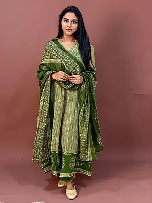 Luxury Celebrity Wear Modal Silk Printed Kurti Set with Dupatta – Olive Green | M, L, XL, XXL