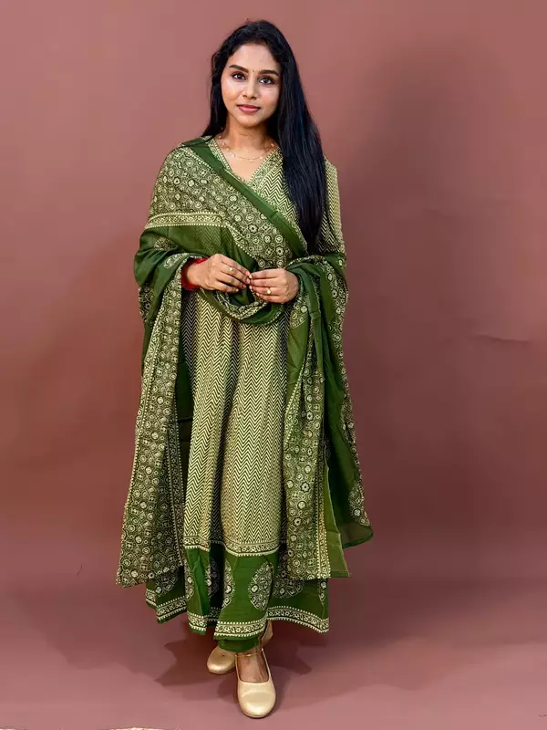 Luxury Celebrity Wear Modal Silk Printed Kurti Set with Dupatta – Olive Green | M, L, XL, XXL