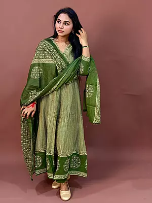 Luxury Celebrity Wear Modal Silk Printed Kurti Set with Dupatta – Olive Green | M, L, XL, XXL