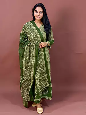 Luxury Celebrity Wear Modal Silk Printed Kurti Set with Dupatta – Olive Green | M, L, XL, XXL