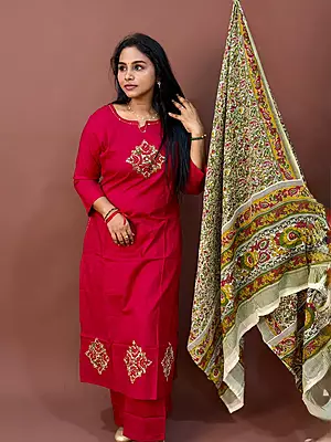 Luxury Celebrity Wear Cotton Kurti Set with Premium Modal Silk Dupatta – Ruby Red | M, L, XL, XXL, 3XL