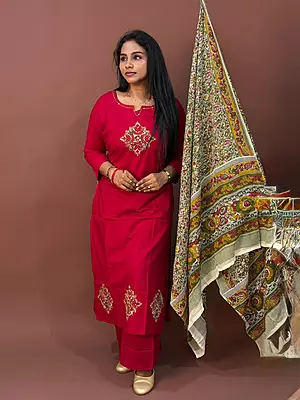 Luxury Celebrity Wear Cotton Kurti Set with Premium Modal Silk Dupatta – Ruby Red | M, L, XL, XXL, 3XL