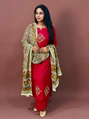 Luxury Celebrity Wear Cotton Kurti Set with Premium Modal Silk Dupatta – Ruby Red | M, L, XL, XXL, 3XL