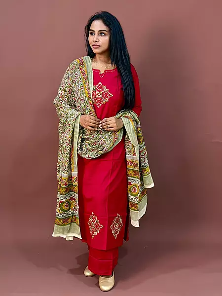 Luxury Celebrity Wear Cotton Kurti Set with Premium Modal Silk Dupatta – Ruby Red | M, L, XL, XXL, 3XL