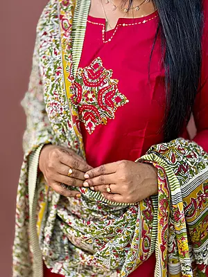 Luxury Celebrity Wear Cotton Kurti Set with Premium Modal Silk Dupatta – Ruby Red | M, L, XL, XXL, 3XL