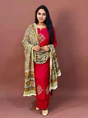 Luxury Celebrity Wear Cotton Kurti Set with Premium Modal Silk Dupatta – Ruby Red | M, L, XL, XXL, 3XL