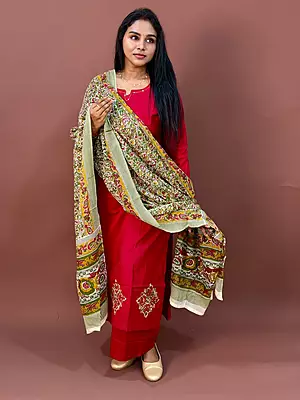 Luxury Celebrity Wear Cotton Kurti Set with Premium Modal Silk Dupatta – Ruby Red | M, L, XL, XXL, 3XL