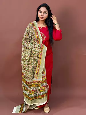 Luxury Celebrity Wear Cotton Kurti Set with Premium Modal Silk Dupatta – Ruby Red | M, L, XL, XXL, 3XL