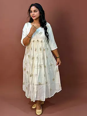 Celebrity Wear Luxury Chinon Silk Kurti | Ivory White with Gold Embellishment