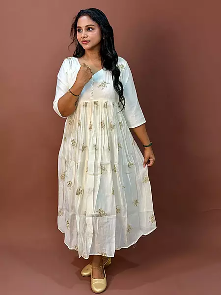 Celebrity Wear Luxury Chinon Silk Kurti | Ivory White with Gold Embellishment