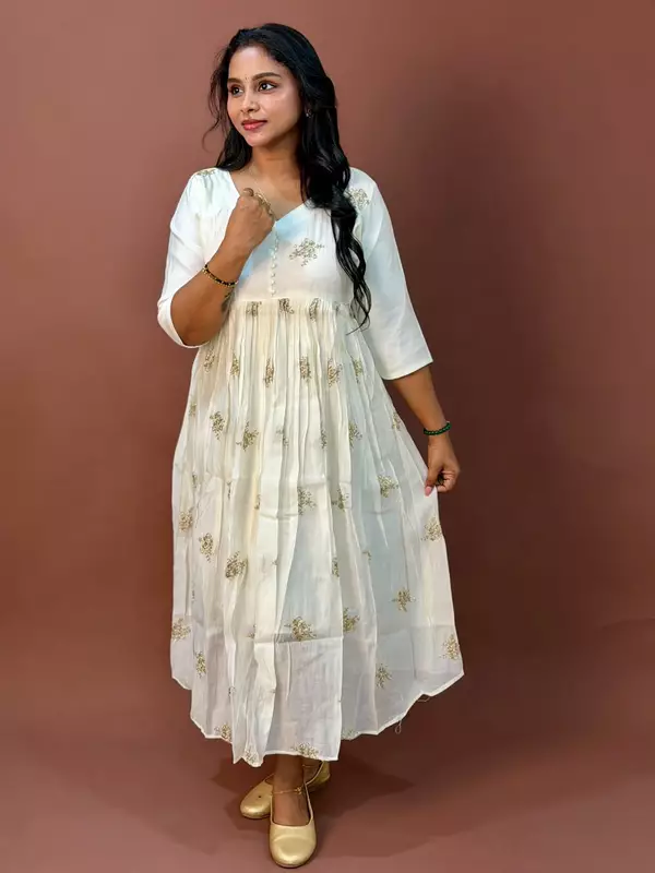 Celebrity Wear Luxury Chinon Silk Kurti | Ivory White with Gold Embellishment