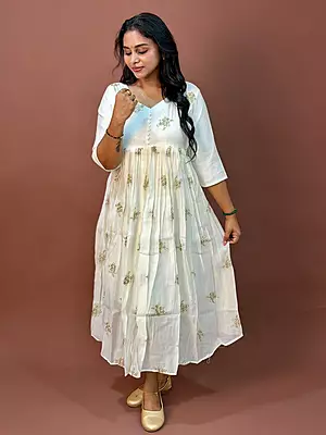 Celebrity Wear Luxury Chinon Silk Kurti | Ivory White with Gold Embellishment