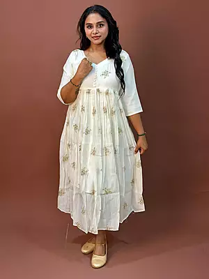 Celebrity Wear Luxury Chinon Silk Kurti | Ivory White with Gold Embellishment
