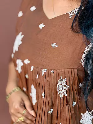 Celebrity Wear Luxury Chinon Silk Kurti | Chocolate Brown with White Embroidery