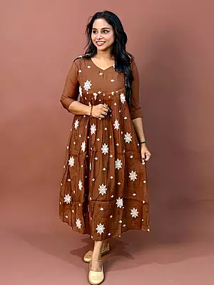 Celebrity Wear Luxury Chinon Silk Kurti | Chocolate Brown with White Embroidery