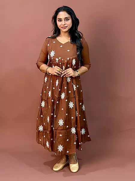 Celebrity Wear Luxury Chinon Silk Kurti | Chocolate Brown with White Embroidery