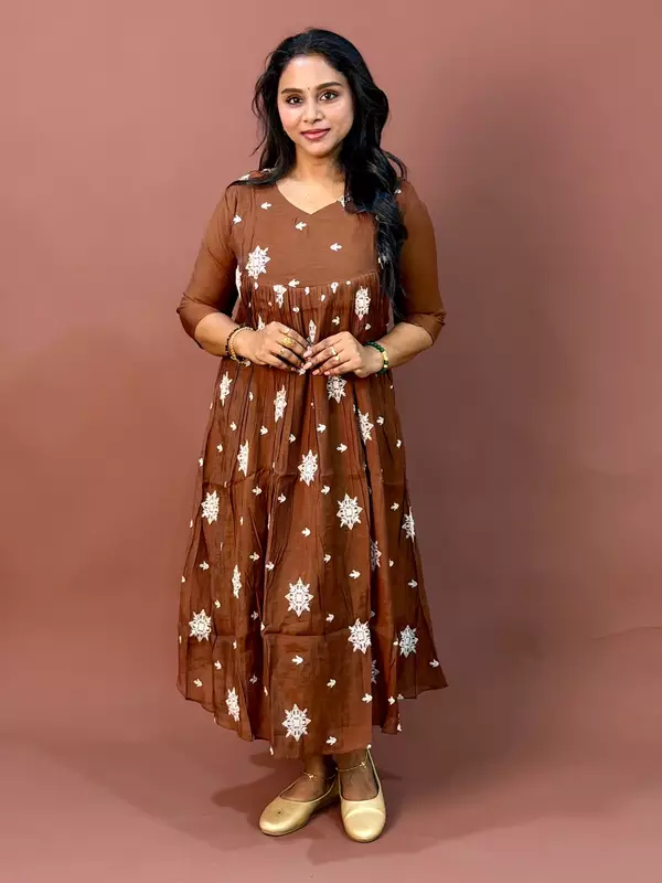 Celebrity Wear Luxury Chinon Silk Kurti | Chocolate Brown with White Embroidery