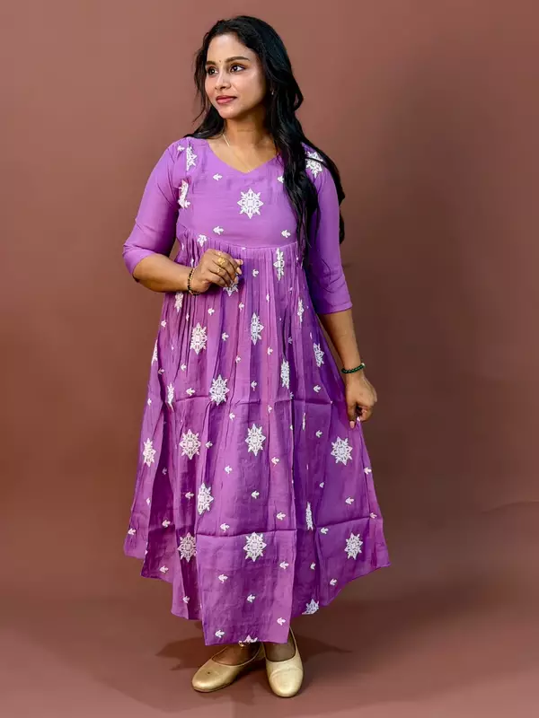 Celebrity Wear Luxury Chinon Silk Kurti | Lavender Purple with White Embroidery