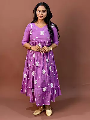 Celebrity Wear Luxury Chinon Silk Kurti | Lavender Purple with White Embroidery