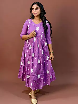 Celebrity Wear Luxury Chinon Silk Kurti | Lavender Purple with White Embroidery