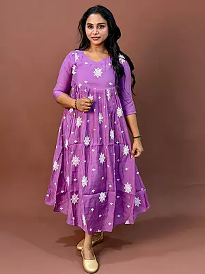 Celebrity Wear Luxury Chinon Silk Kurti | Lavender Purple with White Embroidery
