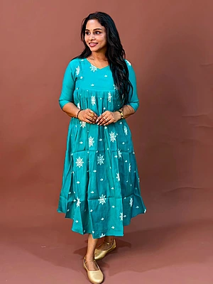 Celebrity Wear Luxury Chinon Silk Kurti | Agenda Blue with White Embroidery