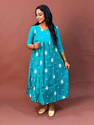 Celebrity Wear Luxury Chinon Silk Kurti | Agenda Blue with White Embroidery