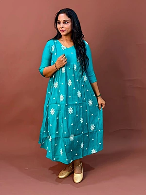 Celebrity Wear Luxury Chinon Silk Kurti | Agenda Blue with White Embroidery