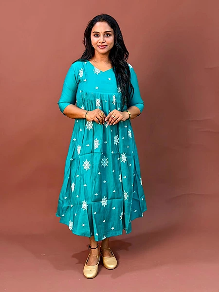Celebrity Wear Luxury Chinon Silk Kurti | Agenda Blue with White Embroidery