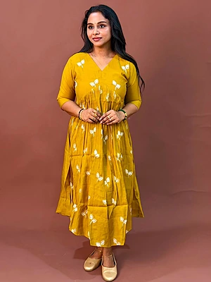 Celebrity Wear Luxury Chinon Silk Kurti | Mustard Yellow with White Embroidery