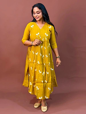 Celebrity Wear Luxury Chinon Silk Kurti | Mustard Yellow with White Embroidery