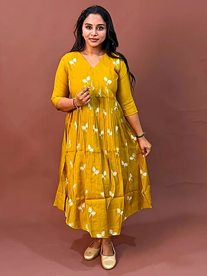 Celebrity Wear Luxury Chinon Silk Kurti | Mustard Yellow with White Embroidery