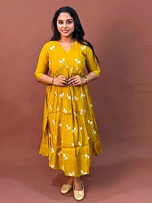 Celebrity Wear Luxury Chinon Silk Kurti | Mustard Yellow with White Embroidery