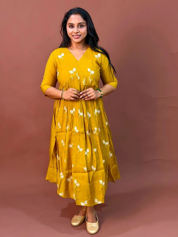 Celebrity Wear Luxury Chinon Silk Kurti | Mustard Yellow with White Embroidery