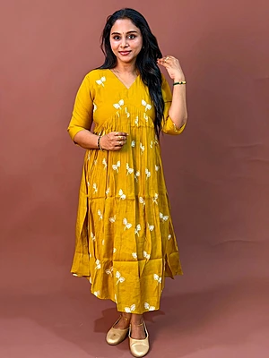Celebrity Wear Luxury Chinon Silk Kurti | Mustard Yellow with White Embroidery