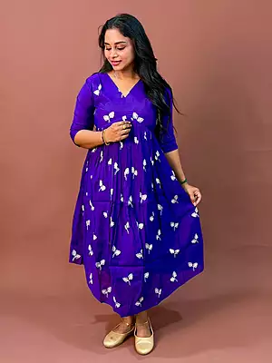 Celebrity Wear Luxury Chinon Silk Kurti | Ink Blue with White Embroidery